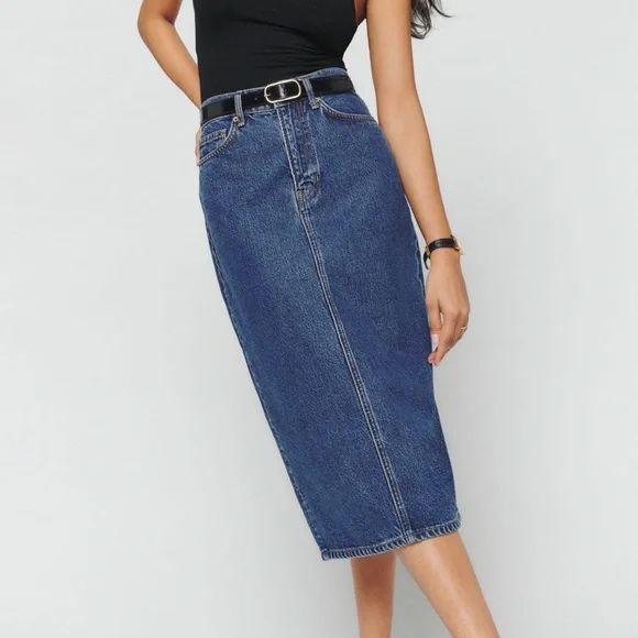 Reformation Jayde High Rise Denim Jean Midi Skirt - Picture 3 of 7